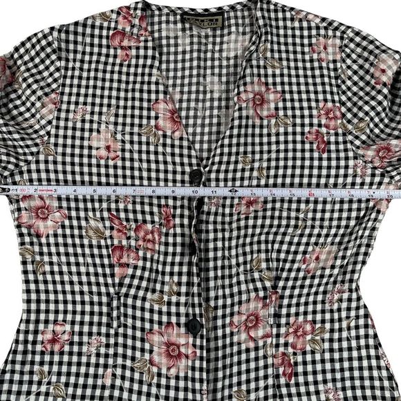 Niki Taylor vintage medium button down black & white checkered floral Vneck top - Picture 9 of 12
